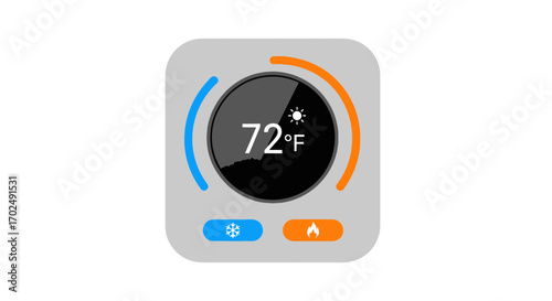 Digital Thermostat Display Showing 72 Degrees Fahrenheit with Heating and Cooling Indicators.