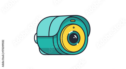 A compact teal and yellow digital camera with a prominent lens.