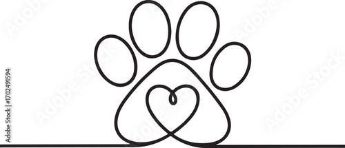 Continuous line drawing of a dog paw with heart, pet love minimal vector