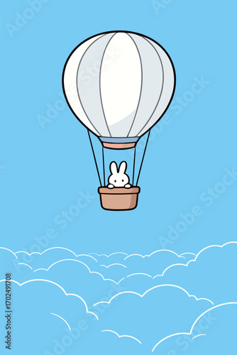 An illustration of a cute white bunny in the basket of a hot air balloon, floating serenely above a sky full of soft white clouds, symbolizing freedom, adventure, and dreams.