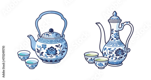 Two illustrations of traditional Chinese porcelain teapots and teacups, beautifully decorated with blue floral patterns, representing classic Asian culture, art, and the tradition of drinking tea.
