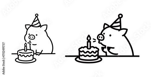 Two whimsical illustrations of a cute pig wearing a party hat, first looking at a small birthday cake with a lit candle and then blowing out the candle, representing celebration and joy.