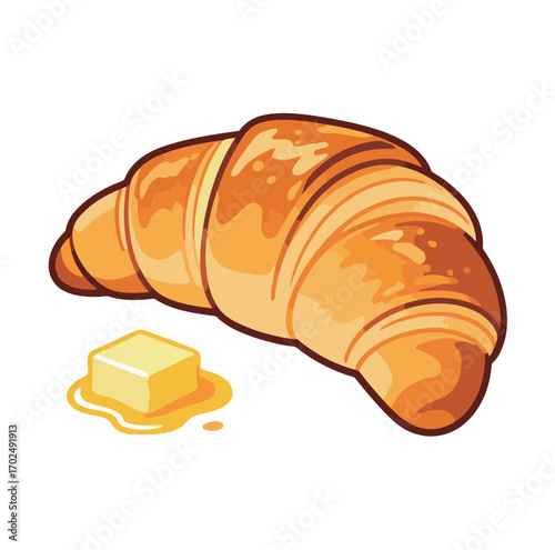 A mouth-watering and detailed illustration of a golden croissant next to a melting cube of butter, representing delicious breakfast food, French bakery, and culinary delights.