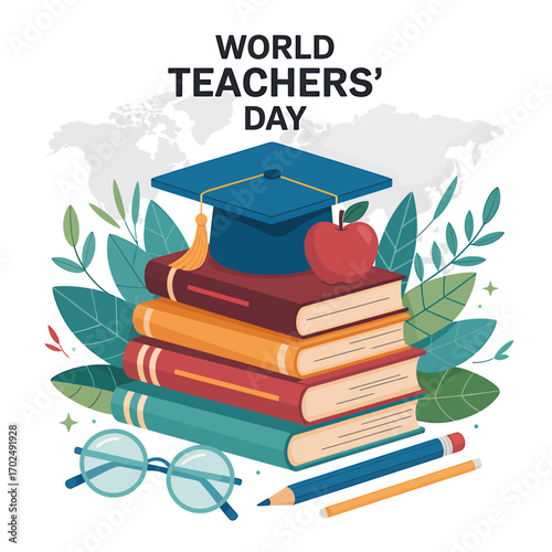World Teachers Day Illustration with Books Apple and Graduation Cap Celebration of Educators