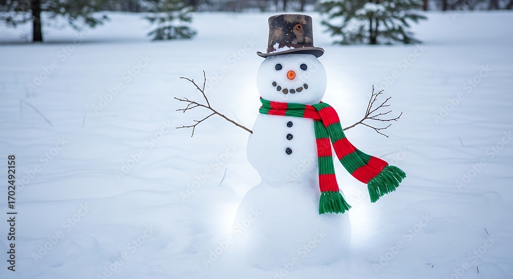 Fototapeta premium Smiling Snowman with Top Hat and Scarf Glowing in a Snowy Field.