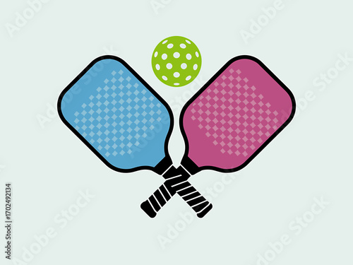 Pickleball paddles crossed with green ball vector illustration for sports and recreation activities featuring blue and pink paddle designs