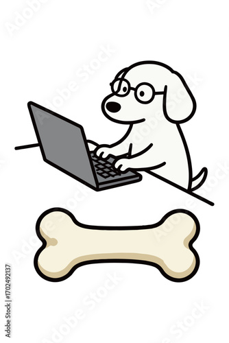 A simple and humorous illustration of a cartoon dog wearing glasses and typing on a laptop, with a bone lying in front of it, representing a tech-savvy pet and a lighthearted take on work.