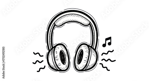 Hand-drawn sketch of headphones with musical notes A black and white doodle-style illustration of audio equipment playing music.