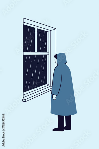 A minimalistic and moody illustration of a person in a raincoat and hood standing by a window, watching the heavy rain fall outside, symbolizing feelings of isolation, contemplation, and melancholy.