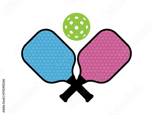 Vibrant Pickleball Paddles and Ball Illustration for Sports Enthusiasts and Recreational Activities Promotes Active Lifestyle Fun and Engaging Game