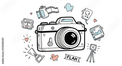 A hand-drawn doodle set of a vintage camera and various photography accessories.