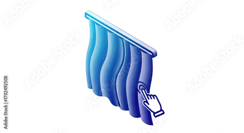Animated Blue Curtains with Hand Cursor Selection Icon.
