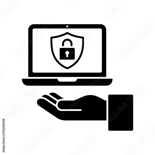Cybersecurity on laptop computer held in hand represents data protection and network security against digital threats and secure access