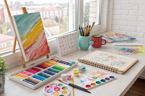 art studio for creativity, place to write pictures, paints, easel