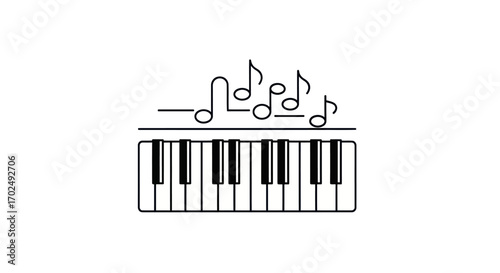 Minimalist line art piano keyboard with floating musical notes.