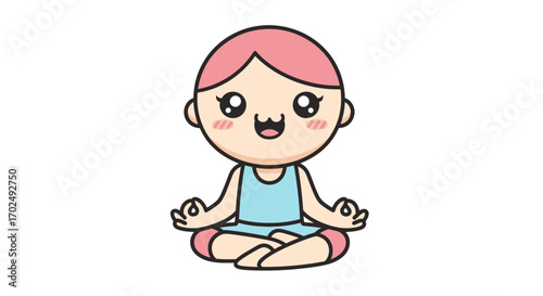 Cartoon girl meditating in lotus position with pink hair and blue dress.