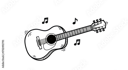 Hand-drawn Acoustic Guitar with Musical Notes.