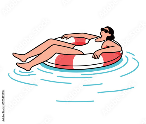 A woman in a white swimsuit and sunglasses, relaxing on a red and white striped inflatable ring in the swimming pool, enjoying a summer day.