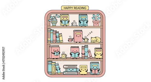 Cute cartoon bookshelf with anthropomorphic books plants and a cat Happy Reading sign.