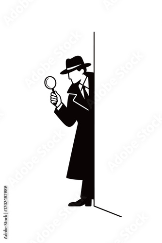 A black and white stylized illustration of a detective in a trench coat and fedora, holding a magnifying glass and peeking around a corner.