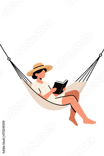 A woman in a white dress and a straw hat, reading a book while relaxing in a hammock. The illustration is a minimalist depiction of a tranquil activity.