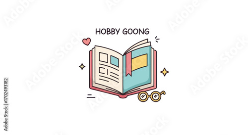 Open Book with Bookmark and Glasses Hobby Goong Illustration.