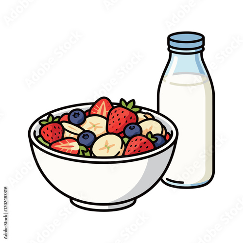 A bowl of fresh fruit salad with strawberries, blueberries, and bananas, next to a bottle of milk. The image represents a healthy and delicious breakfast.