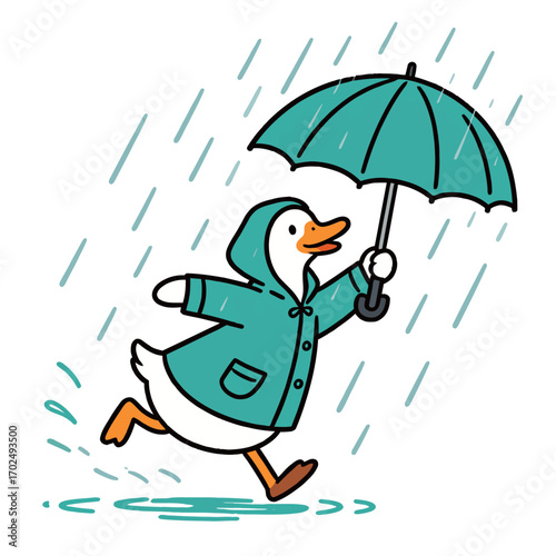 A playful cartoon duck wearing a raincoat, holding an umbrella, and running happily through the rain. The illustration is cute and cheerful.