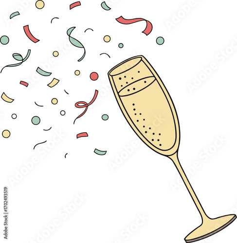 Elegant golden champagne glass with rising bubbles celebration illustration