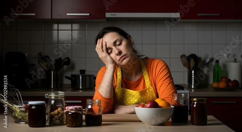 Tired woman in kitchen feeling exhausted after cooking homemade preserves late at night