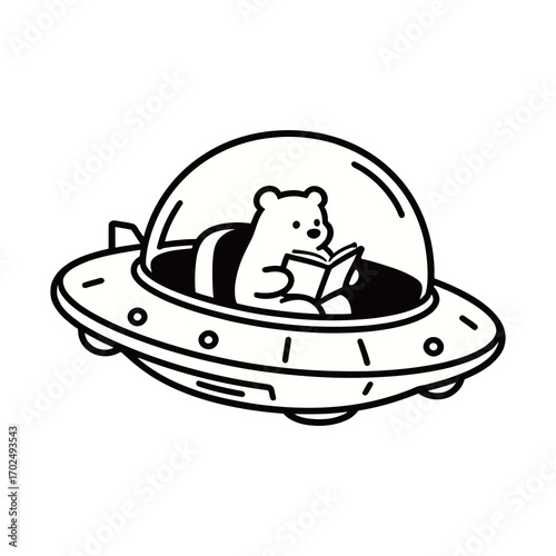 A line art illustration of a cute teddy bear reading a book inside a flying saucer. The design is simple, quirky, and modern, blending two different concepts.