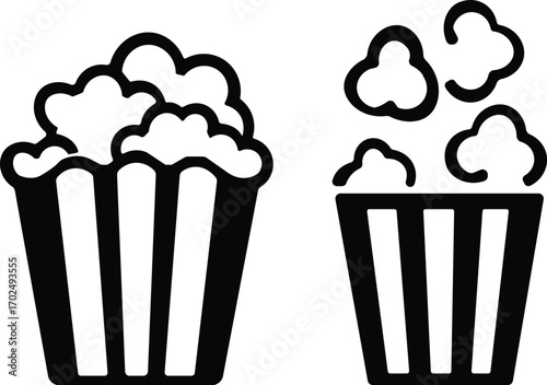 Art & IllustrationPopcorn icon set.Minimalist black and outline vector icon set of a popcorn bucket, symbolizing cinema, movie, and entertainment in a clean and simple design.