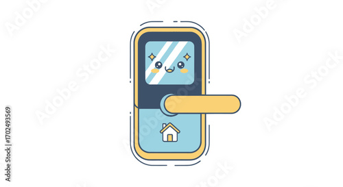 Cute cartoon smart door lock with a happy face and handle.