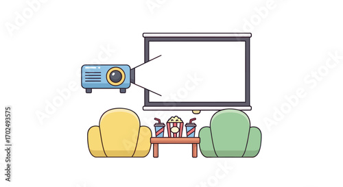 Cartoon illustration of a cozy home cinema setup with a projector screen and snacks.