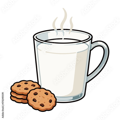 A warm glass mug of milk with steam rising, next to a stack of delicious chocolate chip cookies. The image evokes comfort and simple pleasure.