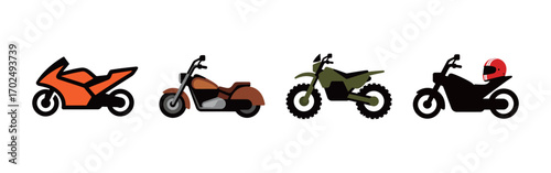 A collection of four different motorcycle styles, including a sport bike, a chopper, a dirt bike, and a street bike, showcasing various types of vehicles.