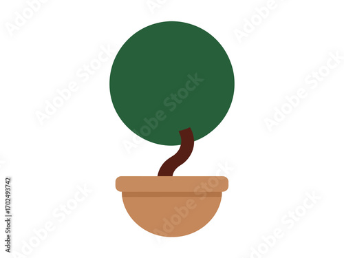 A simple and stylized illustration of a potted plant with a round, green foliage and a brown, curved stem, perfect for indoor decor themes.