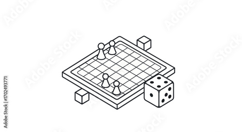 Isometric Chessboard with Dice and Pieces.