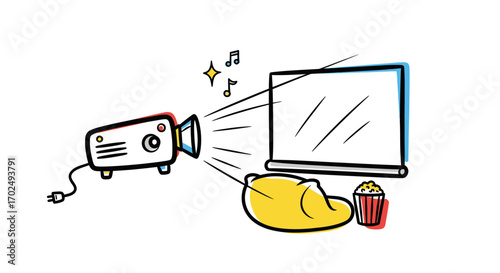 Doodle Home Cinema Projector Setup with Screen Pillow and Popcorn.