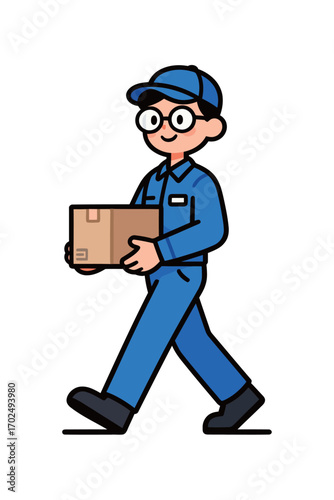 A friendly cartoon delivery man wearing a blue uniform and glasses, carrying a cardboard box while walking forward, representing service and logistics.