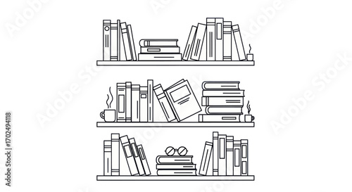 Black and White Line Art Bookshelves with Books.