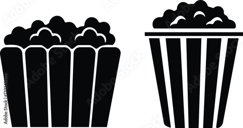 Art & IllustrationPopcorn icon set.Minimalist black and outline vector icon set of a popcorn bucket, symbolizing cinema, movie, and entertainment in a clean and simple design.