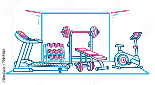 A modern line art illustration of a home gym with a treadmill weight bench dumbbells and an exercise bike.
