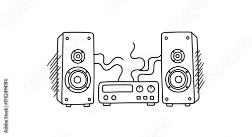Hand-drawn stereo system with speakers and amplifier connected by cables.