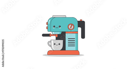 Cute Cartoon Espresso Machine Making Coffee.