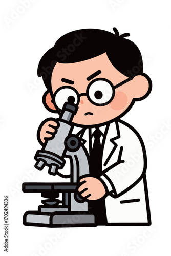 An illustration of a determined male scientist with glasses and a lab coat, looking intently through a microscope with a serious expression.