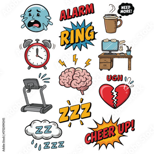Cartoon Morning Mood and Motivation Collage with Alarm, Coffee, Emotions, and Energy Icons