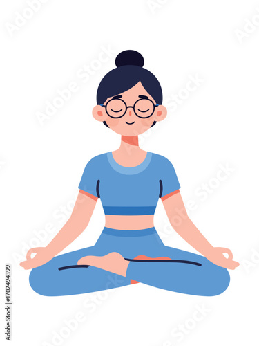 A serene cartoon illustration of a woman with her hair in a bun and glasses, sitting in a lotus position with eyes closed, embodying peace and tranquility.