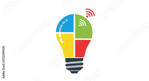 A colorful smart light bulb icon with four quadrants and a Wi-Fi signal representing smart home technology.