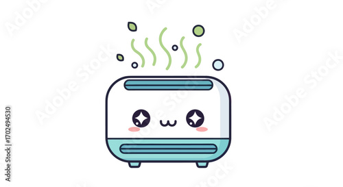 Cute Cartoon Humidifier with Steam and Kawaii Face.
